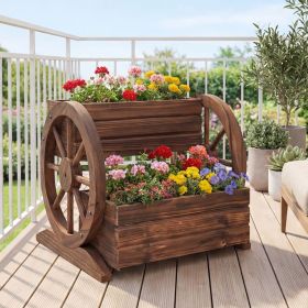 2-Tier Raised Garden Bed Rustic Wood Wagon Shape with Drainage Holes and Wheels