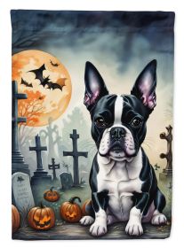 Boston Terrier Spooky Halloween House Flag Large Porch Sleeve Pole Decorative Outside Yard Banner Artwork Wall Hanging, Polyester, House Size