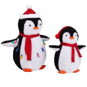 2-Piece Lighted Plush Penguins Christmas Yard Decorations, Set of 2 Pre-lit Pull Up Penguins with 150 Warm White LEDs