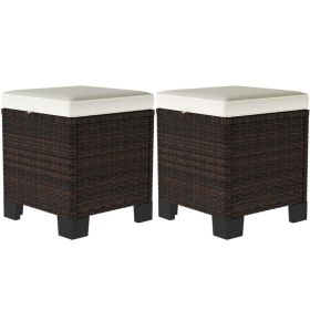 2 Piece Wicker Outdoor Ottomans With Cushions, Rattan Ottoman Footrest And Side Table For Patio, Yard, Poolside, Beige (Option: Beige)